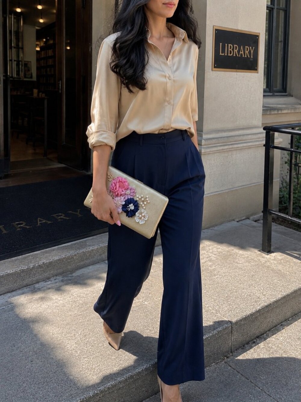 Lauren Lorraine Fanta Gold Floral Appliqué Pearl Clutch Crossbody Evening Bag
